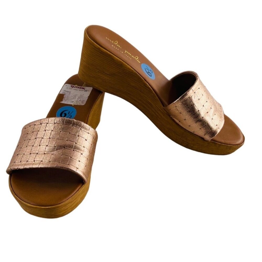 Mila Paoli Womens Wedge Sandals Size 6.5 Copper Textured Strap Made In Italy Pla